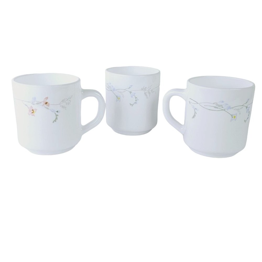 Vtg Arcopal France Odessa Floral Milk Glass Coffee Cups Tea Hot Mug,  Set of 3